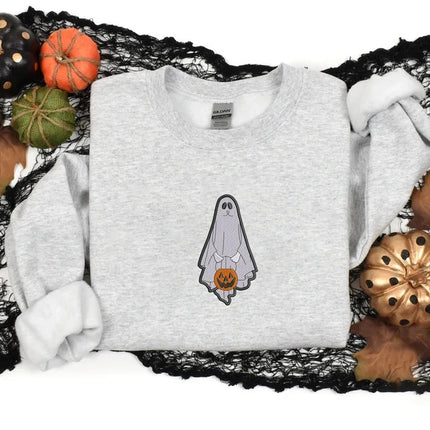 Vintage Ghost Coffee Sweatshirt, Halloween Ghost Embroidered Sweater, Fall Coffee Lovers Crewneck Jumper, Halloween Spooky Clothing Gifts