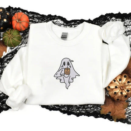 Vintage Ghost Coffee Sweatshirt, Halloween Ghost Embroidered Sweater, Fall Coffee Lovers Crewneck Jumper, Halloween Spooky Clothing Gifts