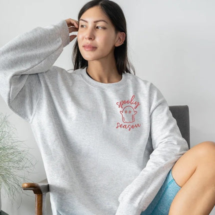 Halloween Sweatshirt, Spooky Season Embroidered Ghost Monogram Crewneck Jumper, Halloween Matching Vacation Aesthetic Unisex Sweater Gifts