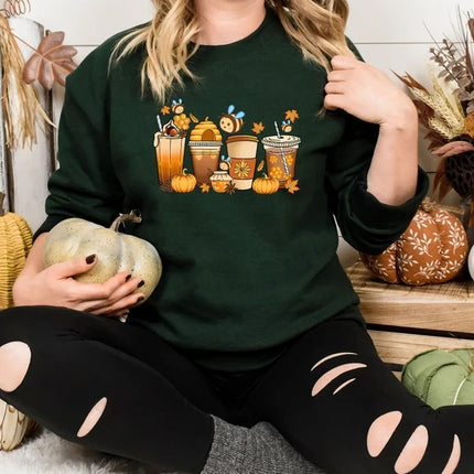 Autumn Jumper, Vintage Fall Sweater, Pumpkin Coffee Cups Autumn Crewneck Sweatshirt, Halloween Season Clothing, Unique Outfit