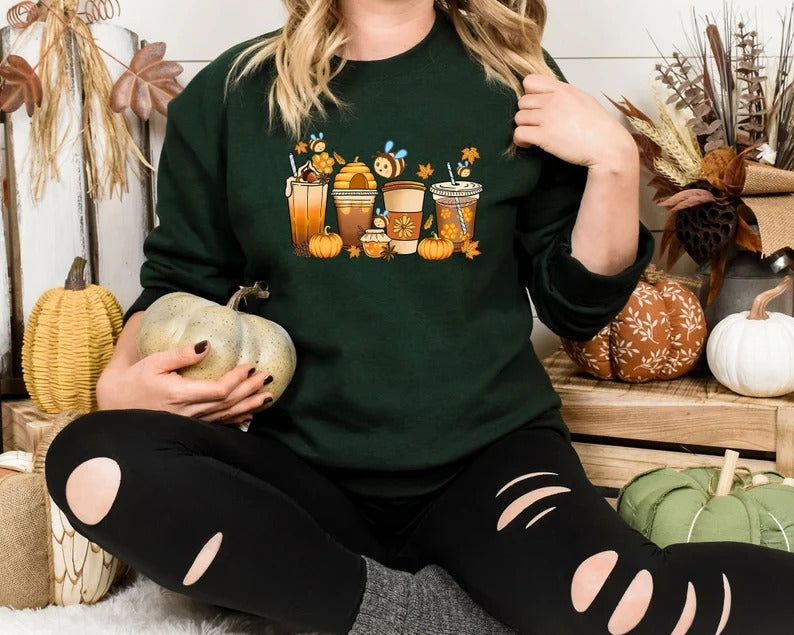 Autumn Jumper, Vintage Fall Sweater, Pumpkin Coffee Cups Autumn Crewneck Sweatshirt, Halloween Season Clothing, Unique Outfit