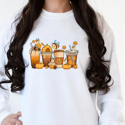 Autumn Jumper, Vintage Fall Sweater, Pumpkin Coffee Cups Autumn Crewneck Sweatshirt, Halloween Season Clothing, Unique Outfit