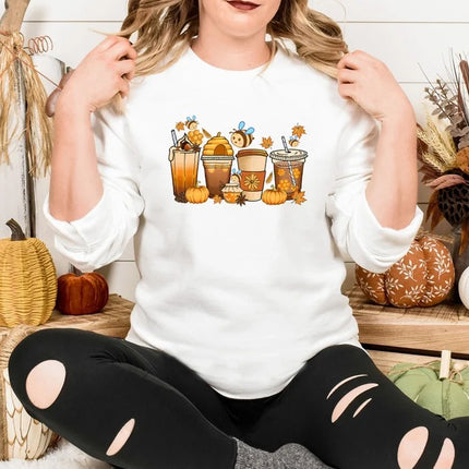Autumn Jumper, Vintage Fall Sweater, Pumpkin Coffee Cups Autumn Crewneck Sweatshirt, Halloween Season Clothing, Unique Outfit