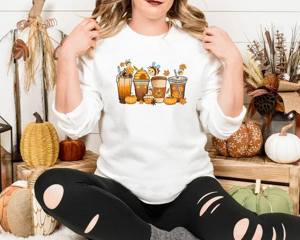 Autumn Jumper, Vintage Fall Sweater, Pumpkin Coffee Cups Autumn Crewneck Sweatshirt, Halloween Season Clothing, Unique Outfit