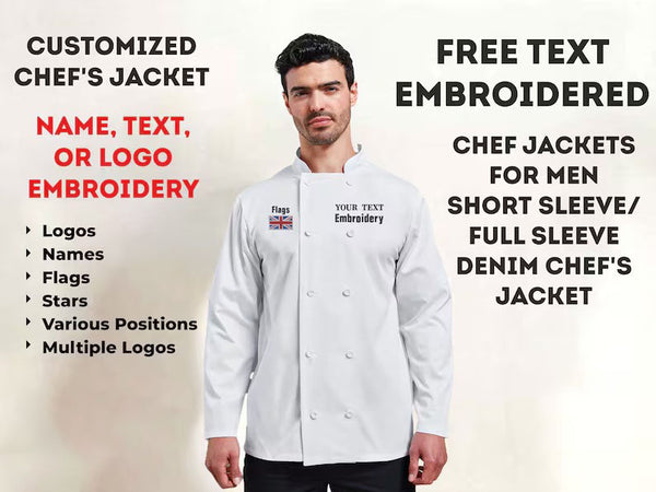 Embroidered Men's Chef Jacket, Personalised Chest Logo / Text Jacket, Custom Monogrammed Flag on Sleeve Chef Cooking Jacket, Gifts for Chef