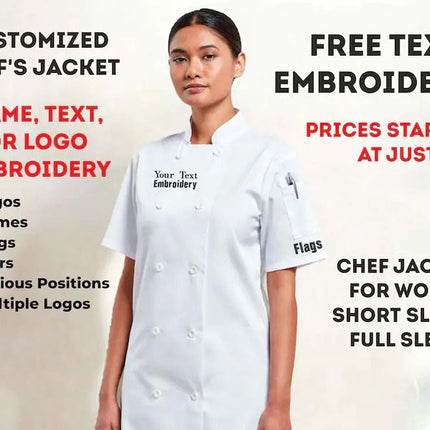 Embroidered Women's Chef Jacket, Custom Monogrammed Name on Flags Jacket