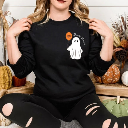 Halloween Ghost Jumper, Ghost with Pumpkin Balloon Printed Spooky Season Sweaters, Pumpkin Fall Cute and Scary Sweater, Autumn Fall Presents