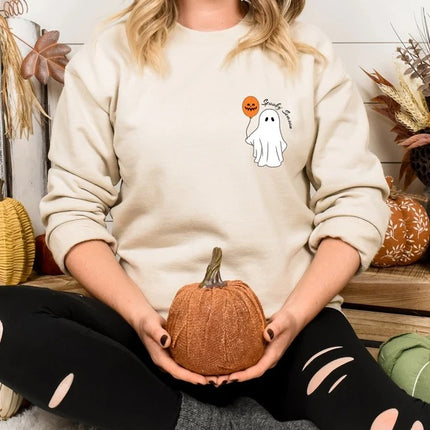 Halloween Ghost Jumper, Ghost with Pumpkin Balloon Printed Spooky Season Sweaters, Pumpkin Fall Cute and Scary Sweater, Autumn Fall Presents