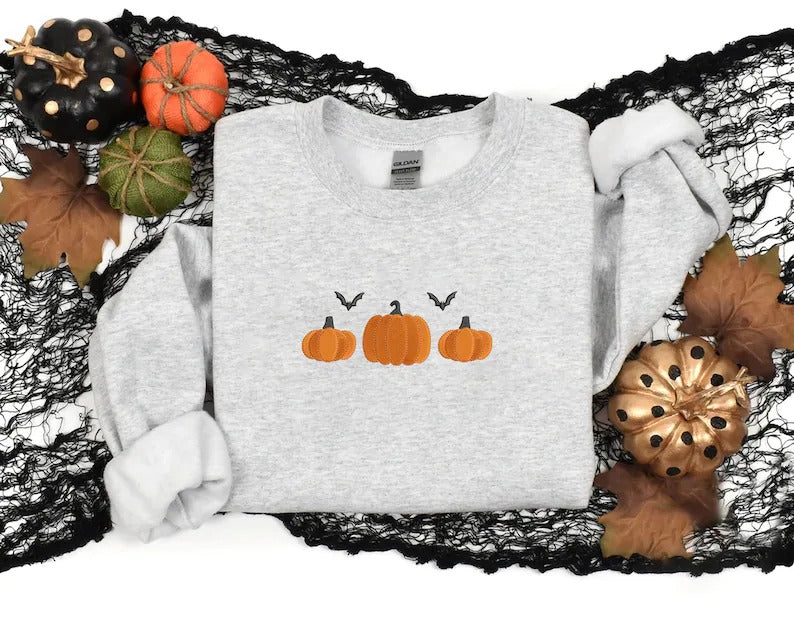 Pumpkins Embroidery Crewneck Sweatshirt, Halloween Jumper, Thanksgiving Pumpkins Unisex Comfy Sweater, Spooky Season Jumper, Halloween Gifts