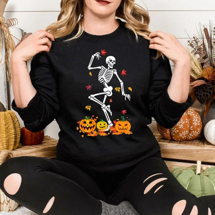 Fall Dancing Skeleton Jumper, Funny Skeleton Printed Halloween Sweatshirt, Fall Sweater