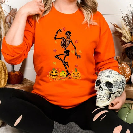Fall Dancing Skeleton Jumper, Funny Skeleton Printed Halloween Sweatshirt, Fall Sweater