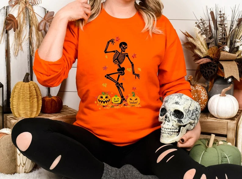 Fall Dancing Skeleton Jumper, Funny Skeleton Printed Halloween Sweatshirt, Thanksgiving Pumpkins Sweater, Unisex Halloween Top, Fall Sweater