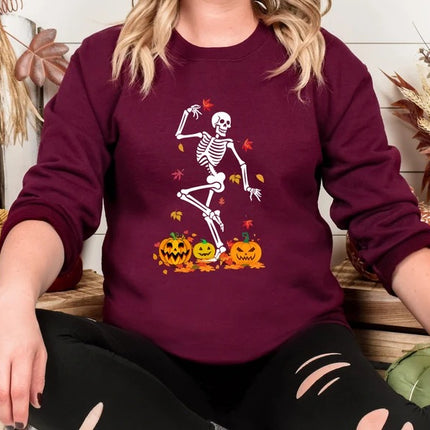 Fall Dancing Skeleton Jumper, Funny Skeleton Printed Halloween Sweatshirt, Fall Sweater