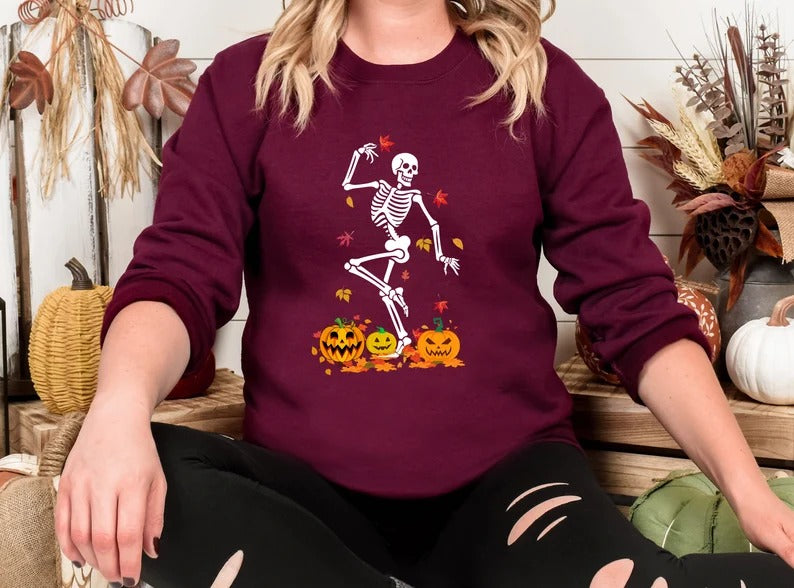 Fall Dancing Skeleton Jumper, Funny Skeleton Printed Halloween Sweatshirt, Thanksgiving Pumpkins Sweater, Unisex Halloween Top, Fall Sweater