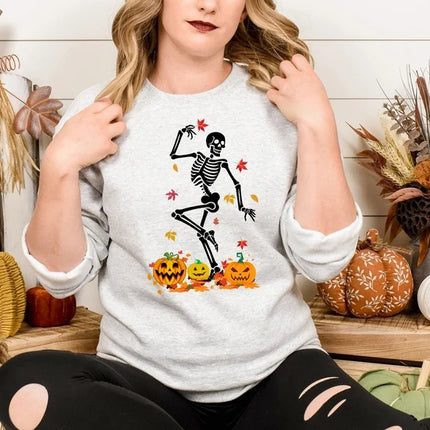Fall Dancing Skeleton Jumper, Funny Skeleton Printed Halloween Sweatshirt, Fall Sweater