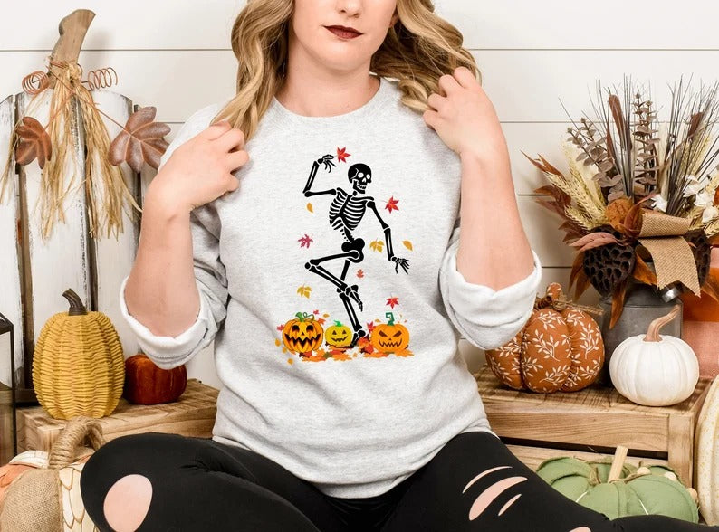 Fall Dancing Skeleton Jumper, Funny Skeleton Printed Halloween Sweatshirt, Thanksgiving Pumpkins Sweater, Unisex Halloween Top, Fall Sweater