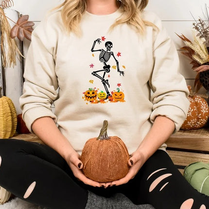 Fall Dancing Skeleton Jumper, Funny Skeleton Printed Halloween Sweatshirt, Fall Sweater