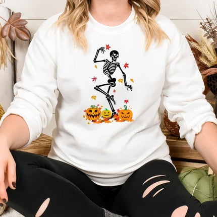 Fall Dancing Skeleton Jumper, Funny Skeleton Printed Halloween Sweatshirt, Fall Sweater