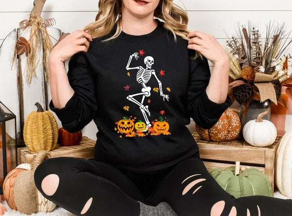 Fall Dancing Skeleton Jumper, Funny Skeleton Printed Halloween Sweatshirt, Thanksgiving Pumpkins Sweater, Unisex Halloween Top, Fall Sweater