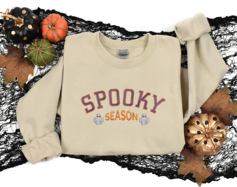 Spooky Season Sweatshirt, Embroidered Halloween Gothic Jumper, Halloween Season Crewneck Sweater, Autumn Fall Clothing, Halloween Party Gift