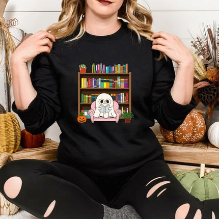 Halloween Ghost Bookish Jumper, Halloween Ghost Reading Books Printed Sweatshirt, Halloween Fall Sweater for Librarian, Gift for Book Lovers