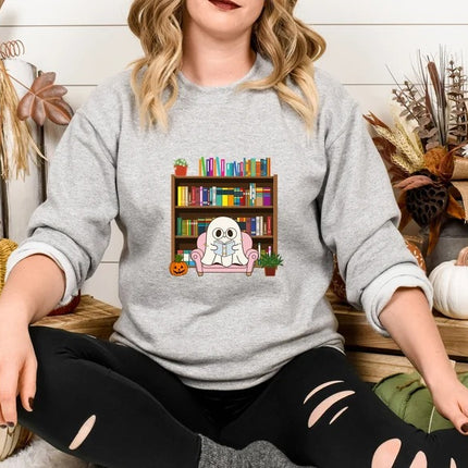 Halloween Ghost Bookish Jumper, Halloween Ghost Reading Books Printed Sweatshirt, Halloween Fall Sweater for Librarian, Gift for Book Lovers