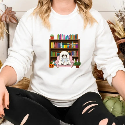 Halloween Ghost Bookish Jumper, Halloween Ghost Reading Books Printed Sweatshirt, Halloween Fall Sweater for Librarian, Gift for Book Lovers