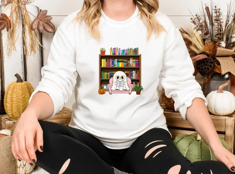 Halloween Ghost Bookish Jumper, Halloween Ghost Reading Books Printed Sweatshirt, Halloween Fall Sweater for Librarian, Gift for Book Lovers