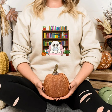 Halloween Ghost Bookish Jumper, Halloween Ghost Reading Books Printed Sweatshirt, Halloween Fall Sweater for Librarian, Gift for Book Lovers