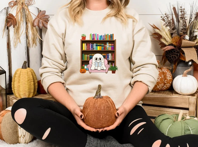 Halloween Ghost Bookish Jumper, Halloween Ghost Reading Books Printed Sweatshirt, Halloween Fall Sweater for Librarian, Gift for Book Lovers