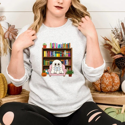 Halloween Ghost Bookish Jumper, Halloween Ghost Reading Books Printed Sweatshirt, Halloween Fall Sweater for Librarian, Gift for Book Lovers