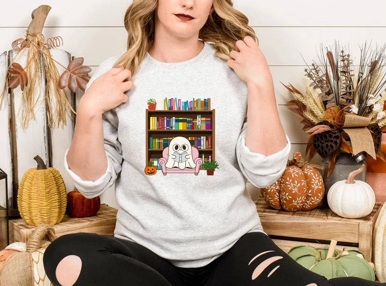 Halloween Ghost Bookish Jumper, Halloween Ghost Reading Books Printed Sweatshirt, Halloween Fall Sweater for Librarian, Gift for Book Lovers