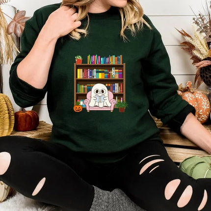 Halloween Ghost Bookish Jumper, Halloween Ghost Reading Books Printed Sweatshirt, Halloween Fall Sweater for Librarian, Gift for Book Lovers