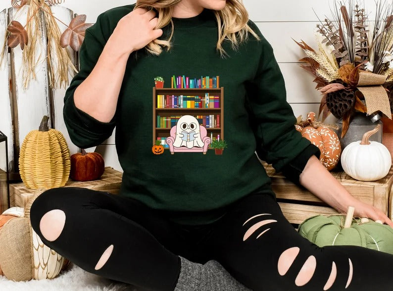 Halloween Ghost Bookish Jumper, Halloween Ghost Reading Books Printed Sweatshirt, Halloween Fall Sweater for Librarian, Gift for Book Lovers