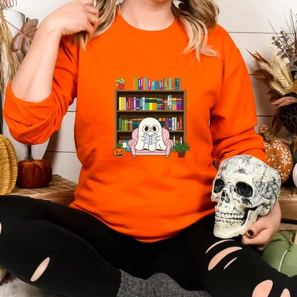 Halloween Ghost Bookish Jumper, Halloween Ghost Reading Books Printed Sweatshirt, Halloween Fall Sweater for Librarian, Gift for Book Lovers