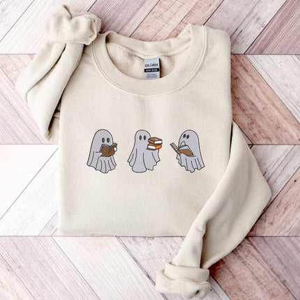 Reading Ghosts Embroidered Sweatshirts, Halloween Ghosts Bookish Crewneck Sweater
