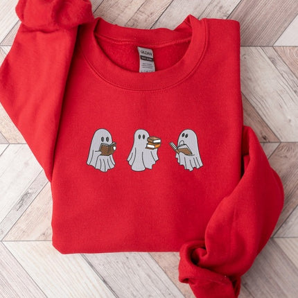 Reading Ghosts Embroidered Sweatshirts, Halloween Ghosts Bookish Crewneck Sweater