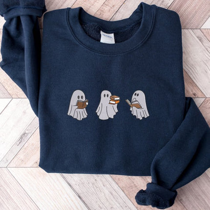 Reading Ghosts Embroidered Sweatshirts, Halloween Ghosts Bookish Crewneck Sweater