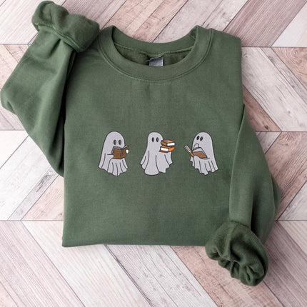 Reading Ghosts Embroidered Sweatshirts, Halloween Ghosts Bookish Crewneck Sweater
