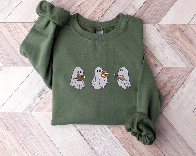 Reading Ghosts Embroidered Sweatshirts, Halloween Ghosts Bookish Crewneck Sweater