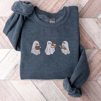 Reading Ghosts Embroidered Sweatshirts, Halloween Ghosts Bookish Crewneck Sweater