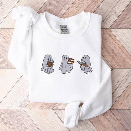 Reading Ghosts Embroidered Sweatshirts, Halloween Ghosts Bookish Crewneck Sweater