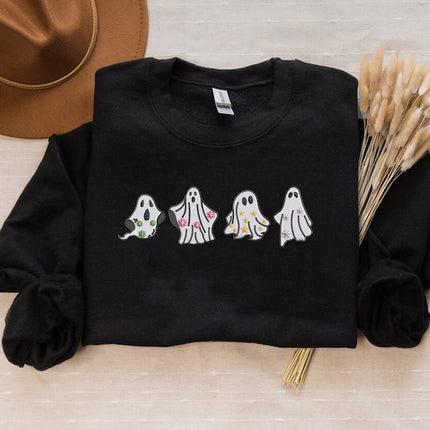Embroidered Floral Ghost Halloween Sweater, Ghosts Spooky Season Sweatshirts, Fall Jumper, Halloween Jumper, Family Matching Halloween Gifts
