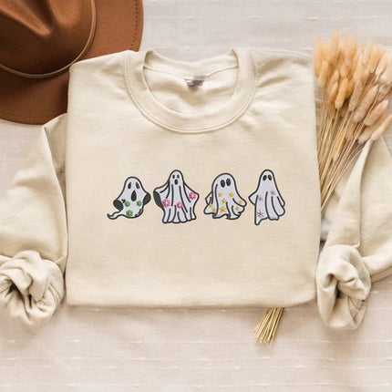Embroidered Floral Ghost Halloween Sweater, Ghosts Spooky Season Sweatshirts, Fall Jumper, Halloween Jumper, Family Matching Halloween Gifts