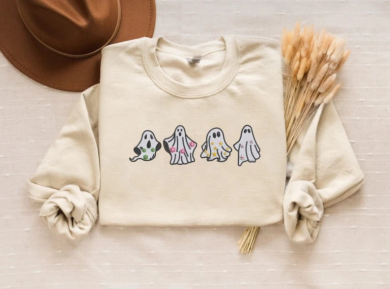 Embroidered Floral Ghost Halloween Sweater, Ghosts Spooky Season Sweatshirts, Fall Jumper, Halloween Jumper, Family Matching Halloween Gifts