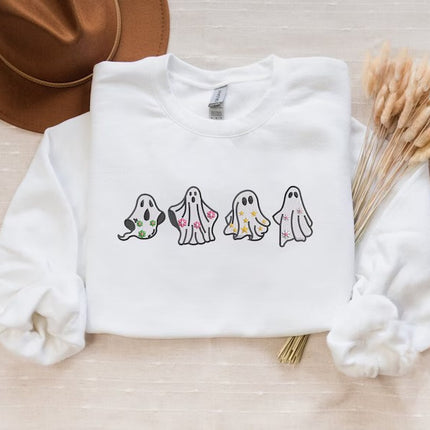 Embroidered Floral Ghost Halloween Sweater, Ghosts Spooky Season Sweatshirts, Fall Jumper, Halloween Jumper, Family Matching Halloween Gifts