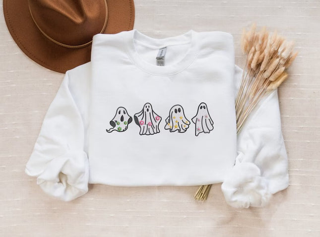 Embroidered Floral Ghost Halloween Sweater, Ghosts Spooky Season Sweatshirts, Fall Jumper, Halloween Jumper, Family Matching Halloween Gifts