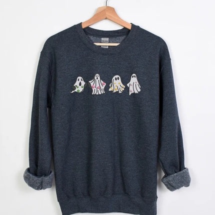Embroidered Floral Ghost Halloween Sweater, Ghosts Spooky Season Sweatshirts, Fall Jumper, Halloween Jumper, Family Matching Halloween Gifts