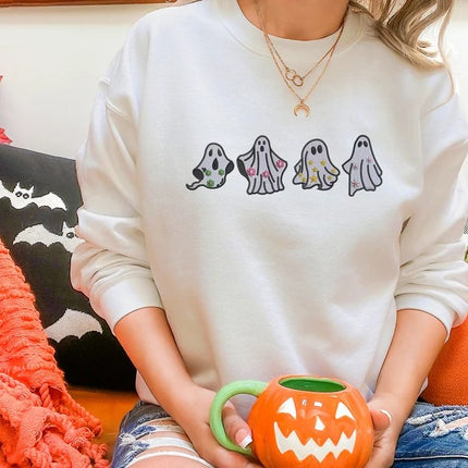 Embroidered Floral Ghost Halloween Sweater, Ghosts Spooky Season Sweatshirts, Fall Jumper, Halloween Jumper, Family Matching Halloween Gifts
