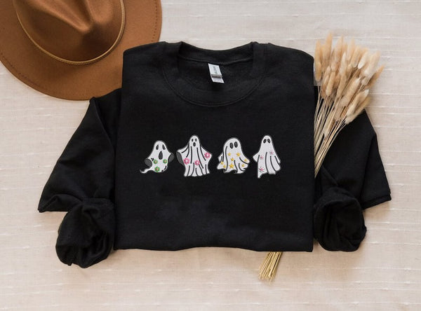 Embroidered Floral Ghost Halloween Sweater, Ghosts Spooky Season Sweatshirts, Fall Jumper, Halloween Jumper, Family Matching Halloween Gifts